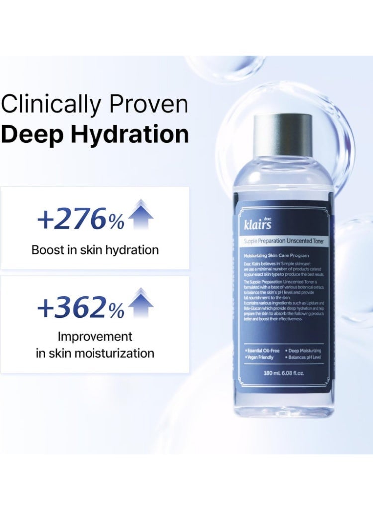 Klairs Dehydrated & Sensitive Skin Relief – Klairs Supple Preparation Unscented Toner 180ml | Hydrating, Barrier-Boosting, Fragrance-Free - Image 5